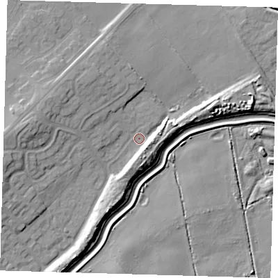 Shaded relief map of the ground around DN350RY, computed from Environment Agency LiDAR. The ground here sits at about 4 m above sea level and falls 10 m across the surrounding 800 m. Surface water reaching this point runs off ground lying to the west, 8.5 m higher.