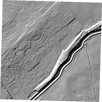 Shaded relief map of the ground around DN350SA, computed from Environment Agency LiDAR. The ground here sits at about 5 m above sea level and falls 12 m across the surrounding 800 m. Surface water reaching this point runs off ground lying to the west, 8.1 m higher.