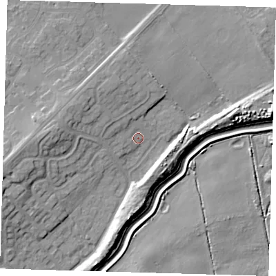 Shaded relief map of the ground around DN350SB, computed from Environment Agency LiDAR. The ground here sits at about 5 m above sea level and falls 11 m across the surrounding 800 m. Surface water reaching this point runs off ground lying to the west-north-west, 7.4 m higher.
