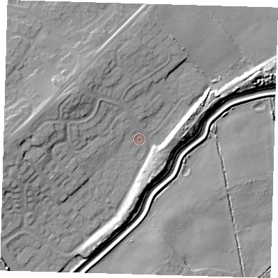 Shaded relief map of the ground around DN350SE, computed from Environment Agency LiDAR. The ground here sits at about 4 m above sea level and falls 12 m across the surrounding 800 m. Surface water reaching this point runs off ground lying to the west, 9.6 m higher.