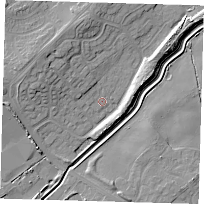 Shaded relief map of the ground around DN350SJ, computed from Environment Agency LiDAR. The ground here sits at about 5 m above sea level and falls 12 m across the surrounding 800 m. Surface water reaching this point runs off ground lying to the west-north-west, 11.2 m higher.