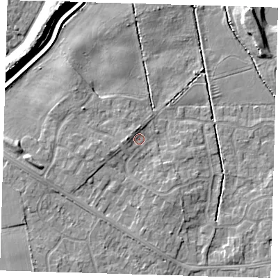 Shaded relief map of the ground around DN350SL, computed from Environment Agency LiDAR. The ground here sits at about 5 m above sea level and falls 9 m across the surrounding 800 m. Surface water reaching this point runs off ground lying to the west, 2.7 m higher.