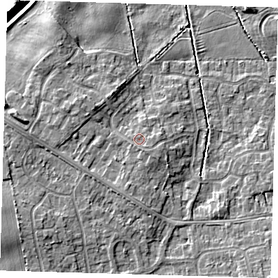Shaded relief map of the ground around DN350SN, computed from Environment Agency LiDAR. The ground here sits at about 5 m above sea level and falls 8 m across the surrounding 800 m. Surface water reaching this point runs off ground lying to the south-east, 0.7 m higher.