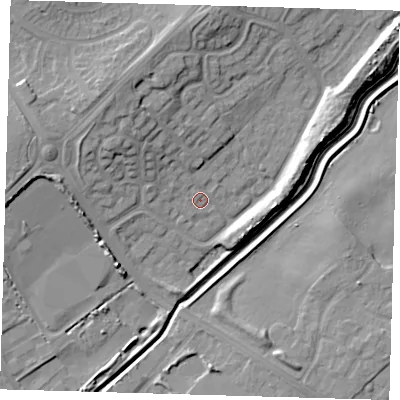 Shaded relief map of the ground around DN350SQ, computed from Environment Agency LiDAR. The ground here sits at about 5 m above sea level and falls 12 m across the surrounding 800 m. Surface water reaching this point runs off ground lying to the north-north-west, 1.5 m higher.