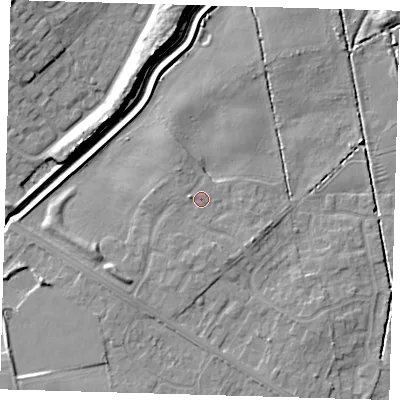 Shaded relief map of the ground around DN350SR, computed from Environment Agency LiDAR. The ground here sits at about 5 m above sea level and falls 9 m across the surrounding 800 m. Surface water reaching this point runs off ground lying to the west, 1.2 m higher.