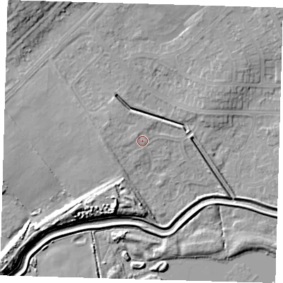 Shaded relief map of the ground around DN350TA, computed from Environment Agency LiDAR. The ground here sits at about 5 m above sea level and falls 10 m across the surrounding 800 m. Surface water reaching this point runs off ground lying to the north-north-west, 1.5 m higher.