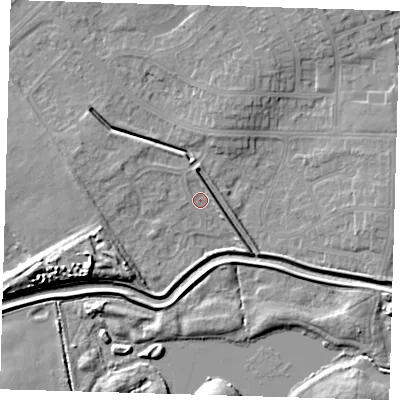 Shaded relief map of the ground around DN350TB, computed from Environment Agency LiDAR. The ground here sits at about 3 m above sea level and falls 10 m across the surrounding 800 m. Surface water reaching this point runs off ground lying to the west-south-west, 8.6 m higher.
