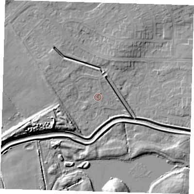 Shaded relief map of the ground around DN350TD, computed from Environment Agency LiDAR. The ground here sits at about 4 m above sea level and falls 10 m across the surrounding 800 m. Surface water reaching this point runs off ground lying to the west-south-west, 8.6 m higher.
