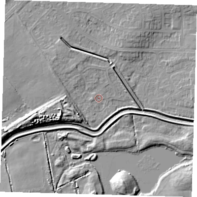 Shaded relief map of the ground around DN350TE, computed from Environment Agency LiDAR. The ground here sits at about 4 m above sea level and falls 10 m across the surrounding 800 m. Surface water reaching this point runs off ground lying to the south-west, 5.4 m higher.