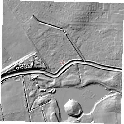 Shaded relief map of the ground around DN350TG, computed from Environment Agency LiDAR. The ground here sits at about 3 m above sea level and falls 10 m across the surrounding 800 m. Surface water reaching this point runs off ground lying to the west-south-west, 4.4 m higher.