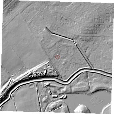 Shaded relief map of the ground around DN350TH, computed from Environment Agency LiDAR. The ground here sits at about 4 m above sea level and falls 10 m across the surrounding 800 m. Surface water reaching this point runs off ground lying to the south-west, 8.6 m higher.