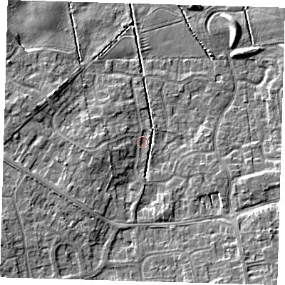 Shaded relief map of the ground around DN350TR, computed from Environment Agency LiDAR. The ground here sits at about 3 m above sea level and falls 6 m across the surrounding 800 m. Surface water reaching this point runs off ground lying to the south-south-east, 5.0 m higher.