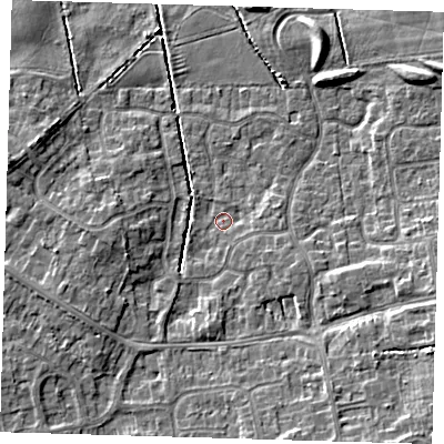 Shaded relief map of the ground around DN350TS, computed from Environment Agency LiDAR. The ground here sits at about 3 m above sea level and falls 6 m across the surrounding 800 m. Surface water reaching this point runs off ground lying to the south-east, 6.1 m higher.