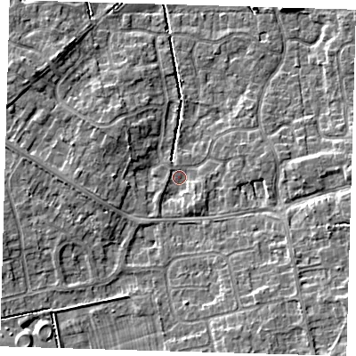 Shaded relief map of the ground around DN350TT, computed from Environment Agency LiDAR. The ground here sits at about 4 m above sea level and falls 7 m across the surrounding 800 m. Surface water reaching this point runs off ground lying to the south-south-east, 2.0 m higher.