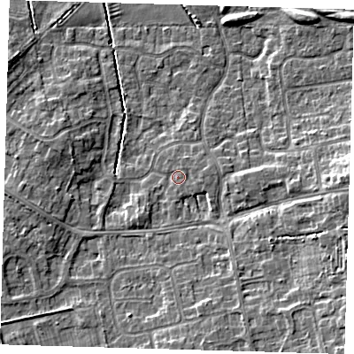 Shaded relief map of the ground around DN350TU, computed from Environment Agency LiDAR. The ground here sits at about 4 m above sea level and falls 8 m across the surrounding 800 m. Surface water reaching this point runs off ground lying to the east, 1.2 m higher.