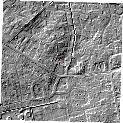 Shaded relief map of the ground around DN350UA, computed from Environment Agency LiDAR. The ground here sits at about 4 m above sea level and falls 6 m across the surrounding 800 m. Surface water reaching this point runs off ground lying to the south-east, 3.9 m higher.