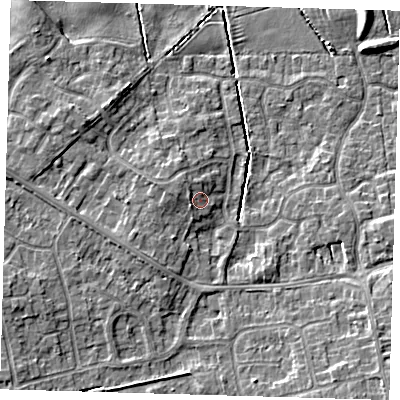 Shaded relief map of the ground around DN350UB, computed from Environment Agency LiDAR. The ground here sits at about 5 m above sea level and falls 6 m across the surrounding 800 m. Surface water reaching this point runs off ground lying to the west, 1.4 m higher.