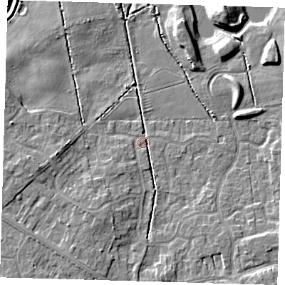 Shaded relief map of the ground around DN350UG, computed from Environment Agency LiDAR. The ground here sits at about 4 m above sea level and falls 8 m across the surrounding 800 m. Surface water reaching this point runs off ground lying to the west, 5.1 m higher.