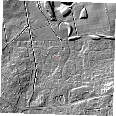 Shaded relief map of the ground around DN350UH, computed from Environment Agency LiDAR. The ground here sits at about 3 m above sea level and falls 8 m across the surrounding 800 m. Surface water reaching this point runs off ground lying to the south, 1.6 m higher.