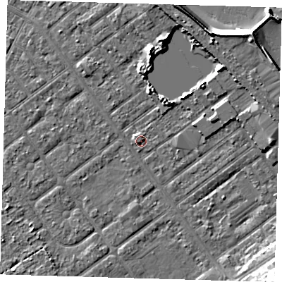 Shaded relief map of the ground around DN357AA, computed from Environment Agency LiDAR. The ground here sits at about 4 m above sea level and falls 11 m across the surrounding 800 m. Surface water reaching this point runs off ground lying to the north-north-east, 6.2 m higher.
