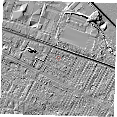 Shaded relief map of the ground around DN357AX, computed from Environment Agency LiDAR. The ground here sits at about 4 m above sea level and falls 10 m across the surrounding 800 m. Surface water reaching this point runs off ground lying to the north-west, 0.8 m higher.
