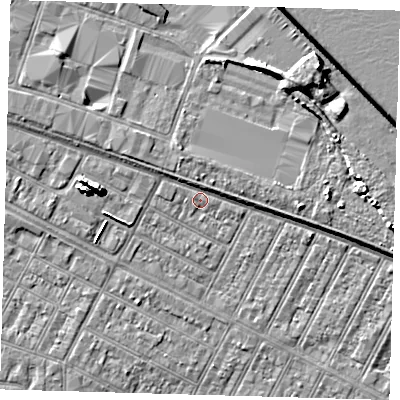 Shaded relief map of the ground around DN357AY, computed from Environment Agency LiDAR. The ground here sits at about 4 m above sea level and falls 10 m across the surrounding 800 m. Surface water reaching this point runs off ground lying to the west, 0.9 m higher.