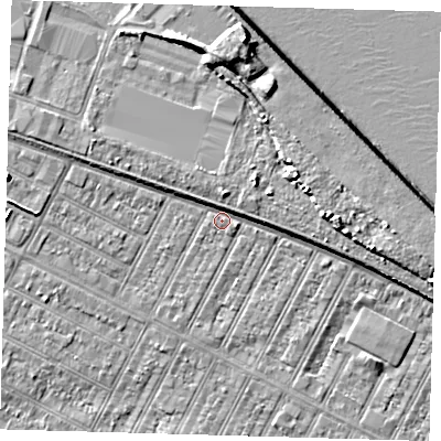Shaded relief map of the ground around DN357BD, computed from Environment Agency LiDAR. The ground here sits at about 4 m above sea level and falls 10 m across the surrounding 800 m. Surface water reaching this point runs off ground lying to the east-north-east, 2.0 m higher.