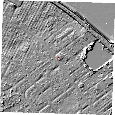 Shaded relief map of the ground around DN357BF, computed from Environment Agency LiDAR. The ground here sits at about 4 m above sea level and falls 10 m across the surrounding 800 m. Surface water reaching this point runs off ground lying to the south-east, 1.2 m higher.