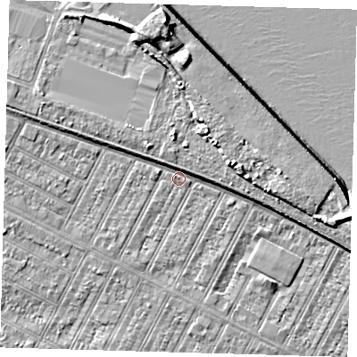 Shaded relief map of the ground around DN357BQ, computed from Environment Agency LiDAR. The ground here sits at about 4 m above sea level and falls 10 m across the surrounding 800 m. Surface water reaching this point runs off ground lying to the east-north-east, 2.2 m higher.