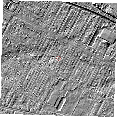 Shaded relief map of the ground around DN357EB, computed from Environment Agency LiDAR. The ground here sits at about 2 m above sea level and falls 7 m across the surrounding 800 m. Surface water reaching this point runs off ground lying to the north-east, 3.7 m higher.