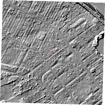 Shaded relief map of the ground around DN357HQ, computed from Environment Agency LiDAR. The ground here sits at about 3 m above sea level and falls 8 m across the surrounding 800 m. The ground contributing surface water to this point lies to the north-east.