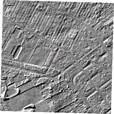 Shaded relief map of the ground around DN357HR, computed from Environment Agency LiDAR. The ground here sits at about 3 m above sea level and falls 4 m across the surrounding 800 m. The ground contributing surface water to this point lies to the north-east.