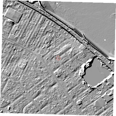 Shaded relief map of the ground around DN357JF, computed from Environment Agency LiDAR. The ground here sits at about 3 m above sea level and falls 10 m across the surrounding 800 m. Surface water reaching this point runs off ground lying to the east-north-east, 1.5 m higher.