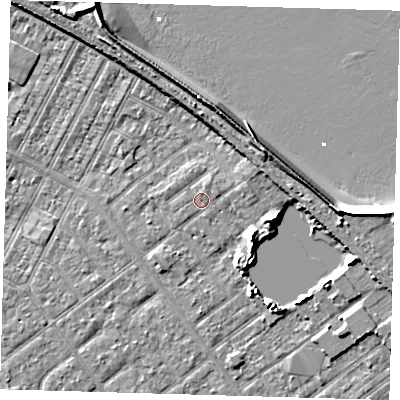 Shaded relief map of the ground around DN357JG, computed from Environment Agency LiDAR. The ground here sits at about 4 m above sea level and falls 10 m across the surrounding 800 m. Surface water reaching this point runs off ground lying to the east-north-east, 1.0 m higher.