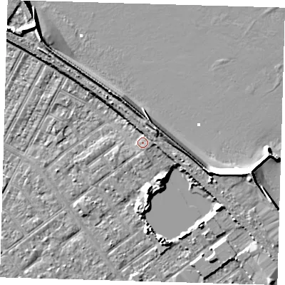 Shaded relief map of the ground around DN357JH, computed from Environment Agency LiDAR. The ground here sits at about 4 m above sea level and falls 11 m across the surrounding 800 m. Surface water reaching this point runs off ground lying to the north-east, 2.5 m higher.