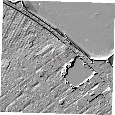 Shaded relief map of the ground around DN357JJ, computed from Environment Agency LiDAR. The ground here sits at about 4 m above sea level and falls 10 m across the surrounding 800 m. Surface water reaching this point runs off ground lying to the north-east, 3.0 m higher.