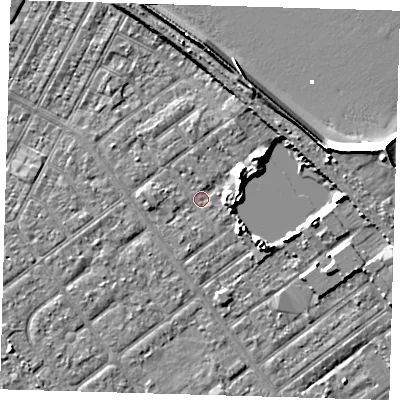 Shaded relief map of the ground around DN357JN, computed from Environment Agency LiDAR. The ground here sits at about 3 m above sea level and falls 10 m across the surrounding 800 m. Surface water reaching this point runs off ground lying to the east-north-east, 3.5 m higher.