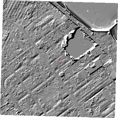 Shaded relief map of the ground around DN357JP, computed from Environment Agency LiDAR. The ground here sits at about 3 m above sea level and falls 10 m across the surrounding 800 m. Surface water reaching this point runs off ground lying to the west-south-west, 0.6 m higher.