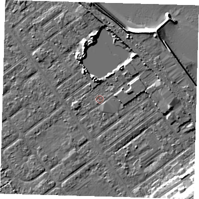 Shaded relief map of the ground around DN357JT, computed from Environment Agency LiDAR. The ground here sits at about 3 m above sea level and falls 14 m across the surrounding 800 m. Surface water reaching this point runs off ground lying to the south-east, 10.2 m higher.