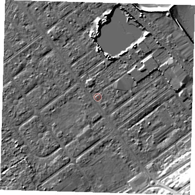 Shaded relief map of the ground around DN357JU, computed from Environment Agency LiDAR. The ground here sits at about 3 m above sea level and falls 12 m across the surrounding 800 m. Surface water reaching this point runs off ground lying to the north-north-east, 6.2 m higher.