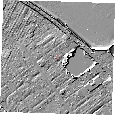 Shaded relief map of the ground around DN357JW, computed from Environment Agency LiDAR. The ground here sits at about 3 m above sea level and falls 10 m across the surrounding 800 m. Surface water reaching this point runs off ground lying to the north, 1.0 m higher.