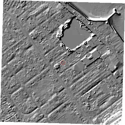 Shaded relief map of the ground around DN357JX, computed from Environment Agency LiDAR. The ground here sits at about 3 m above sea level and falls 11 m across the surrounding 800 m. Surface water reaching this point runs off ground lying to the north-north-east, 2.5 m higher.