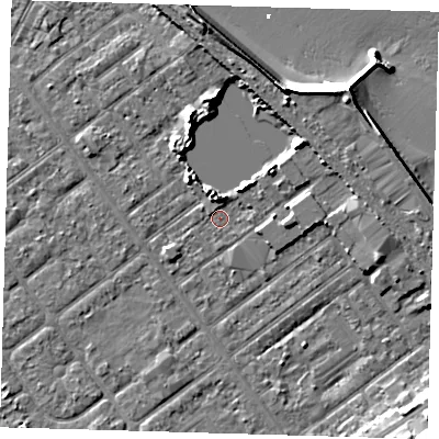 Shaded relief map of the ground around DN357JY, computed from Environment Agency LiDAR. The ground here sits at about 3 m above sea level and falls 12 m across the surrounding 800 m. Surface water reaching this point runs off ground lying to the north-north-east, 6.6 m higher.