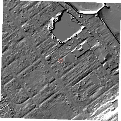 Shaded relief map of the ground around DN357JZ, computed from Environment Agency LiDAR. The ground here sits at about 3 m above sea level and falls 14 m across the surrounding 800 m. Surface water reaching this point runs off ground lying to the north-north-east, 6.2 m higher.