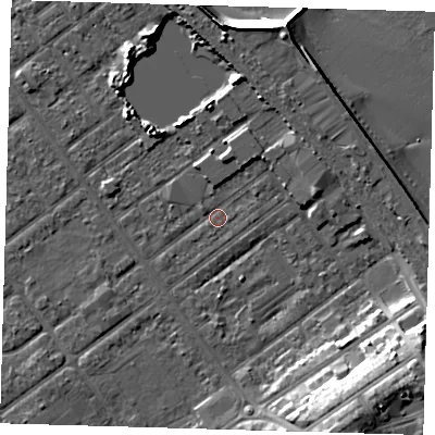 Shaded relief map of the ground around DN357LF, computed from Environment Agency LiDAR. The ground here sits at about 3 m above sea level and falls 15 m across the surrounding 800 m. Surface water reaching this point runs off ground lying to the south-east, 11.5 m higher.