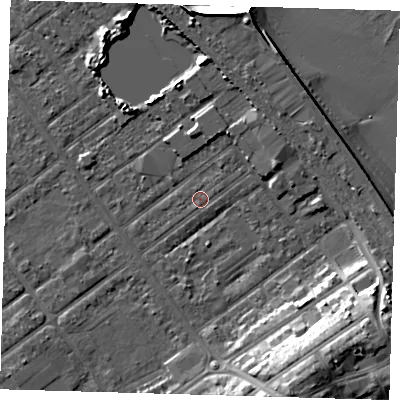 Shaded relief map of the ground around DN357LG, computed from Environment Agency LiDAR. The ground here sits at about 3 m above sea level and falls 15 m across the surrounding 800 m. Surface water reaching this point runs off ground lying to the north-north-east, 2.8 m higher.