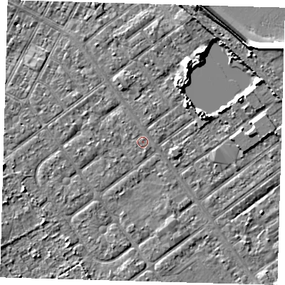 Shaded relief map of the ground around DN357LL, computed from Environment Agency LiDAR. The ground here sits at about 3 m above sea level and falls 9 m across the surrounding 800 m. The ground contributing surface water to this point lies to the north.