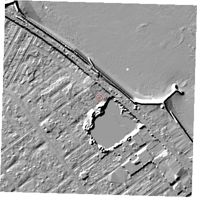 Shaded relief map of the ground around DN357LN, computed from Environment Agency LiDAR. The ground here sits at about 4 m above sea level and falls 11 m across the surrounding 800 m. Surface water reaching this point runs off ground lying to the north, 3.7 m higher.