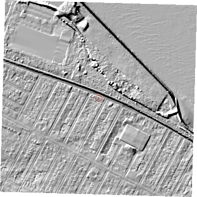 Shaded relief map of the ground around DN357PS, computed from Environment Agency LiDAR. The ground here sits at about 3 m above sea level and falls 11 m across the surrounding 800 m. Surface water reaching this point runs off ground lying to the north-east, 2.4 m higher.