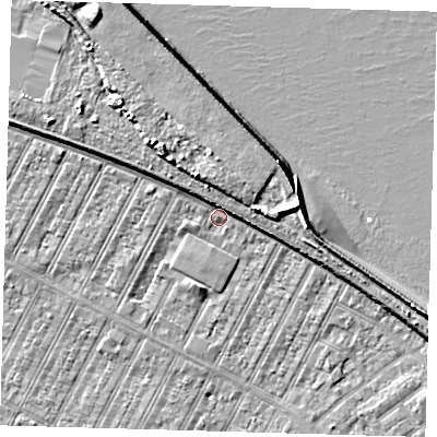 Shaded relief map of the ground around DN357PX, computed from Environment Agency LiDAR. The ground here sits at about 4 m above sea level and falls 10 m across the surrounding 800 m. Surface water reaching this point runs off ground lying to the north-north-west, 4.7 m higher.